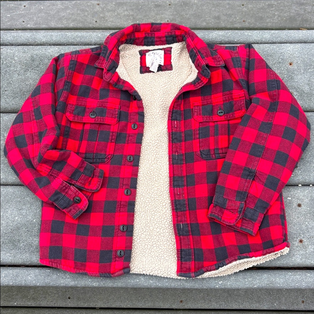 Lands’ End Kid Red and Black Plaid Flannel Jacket, Warm Lining, Winter, Size 5-6